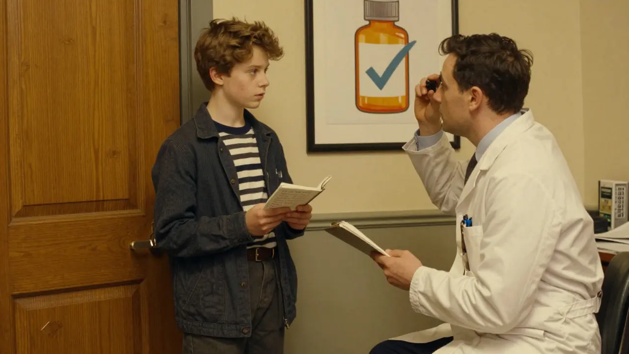 A teen confidently asking questions to a doctor during a medical visit.