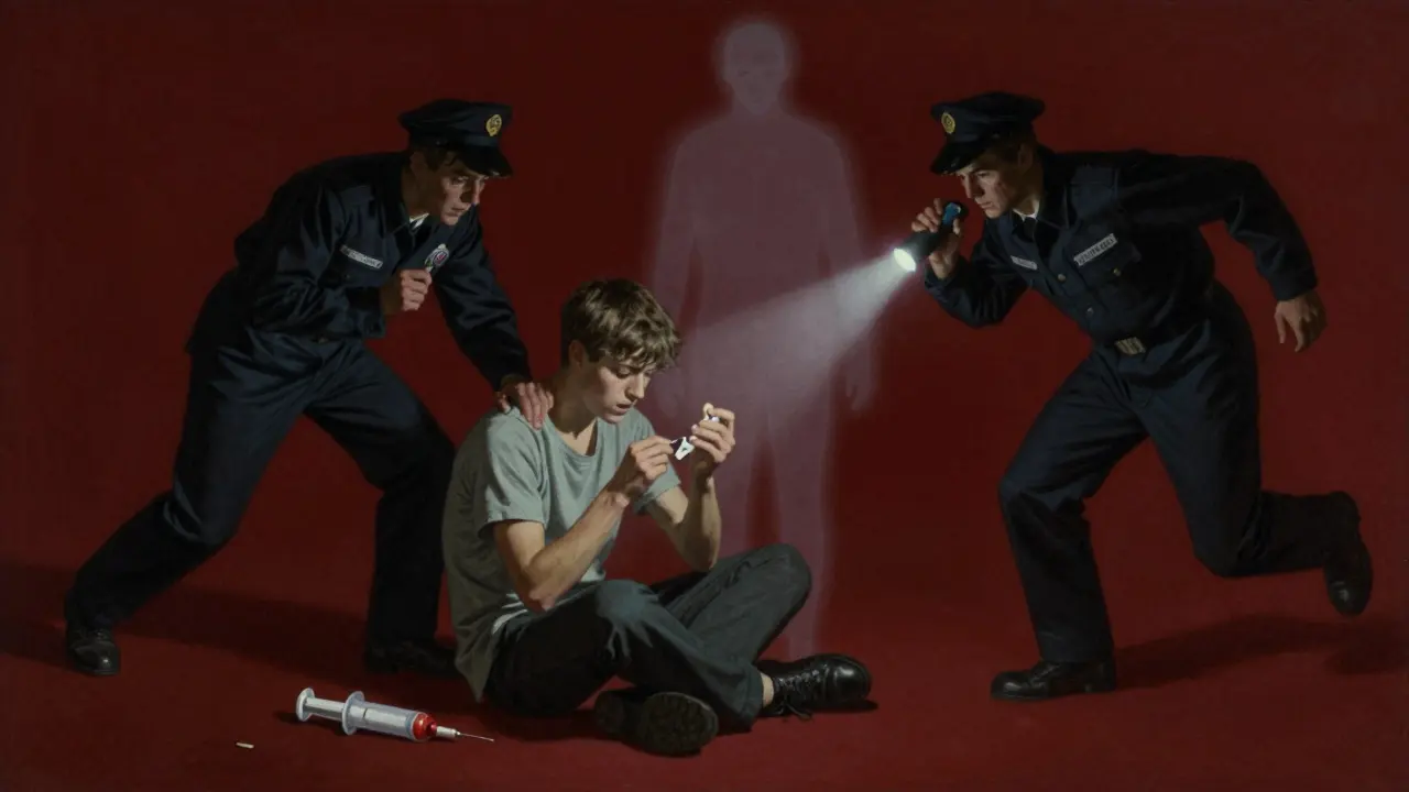 A teen injures his thumb while fumbling with an EpiPen as paramedics arrive, with a second unused injector on the ground.