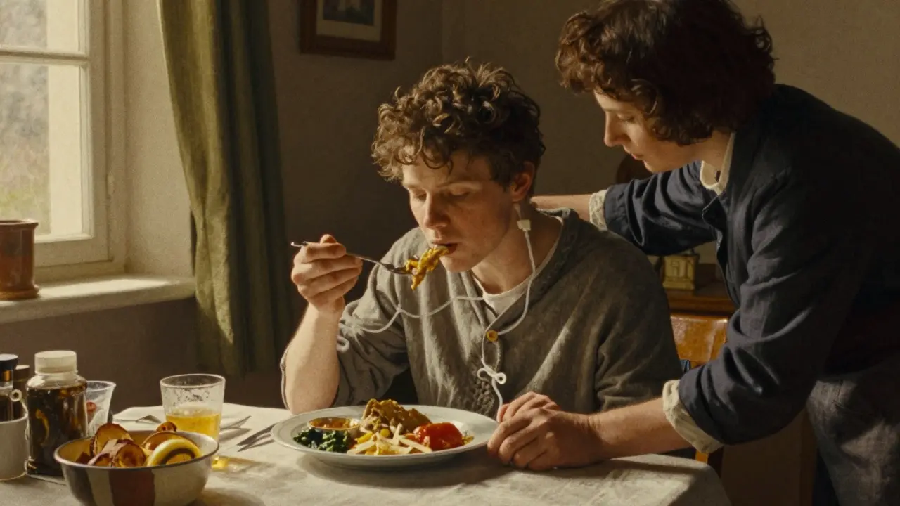 Caregiver assisting patient with meal and nutrition support.