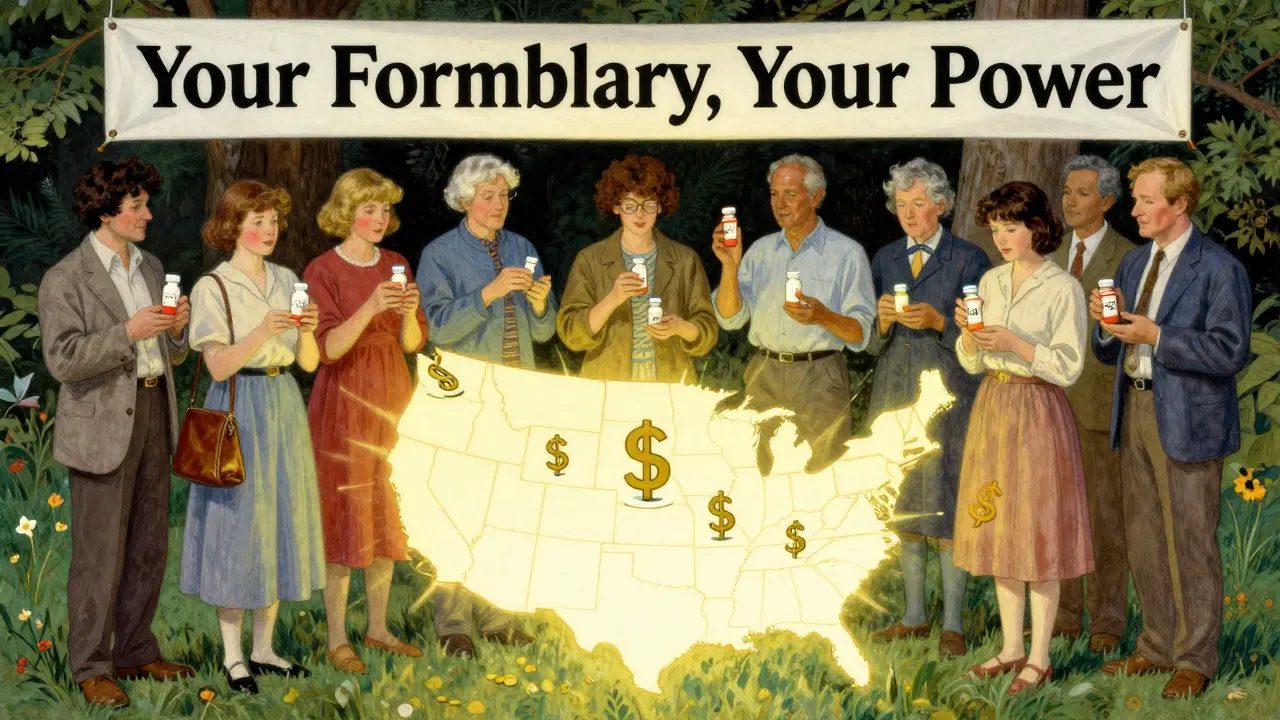 Diverse patients holding medication bottles under a banner, standing on a glowing U.S. map as dollar signs shrink around them.
