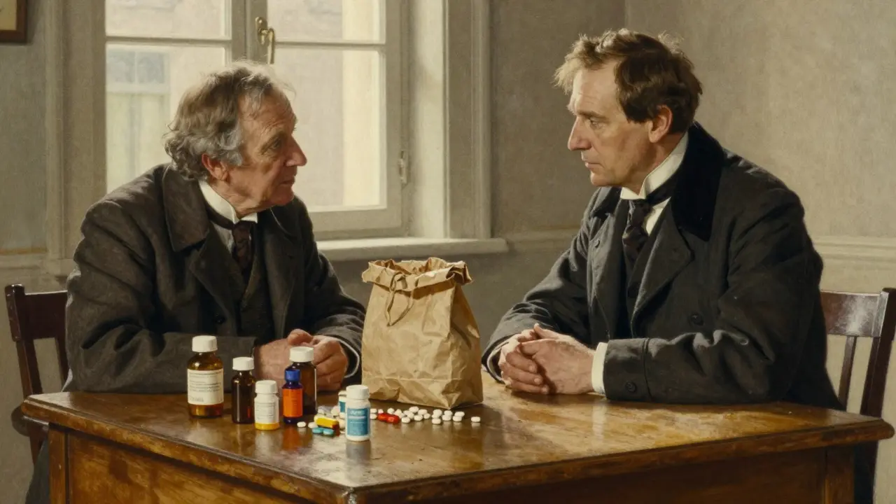 Doctor and patient examining spilled medicine bottles on a desk together