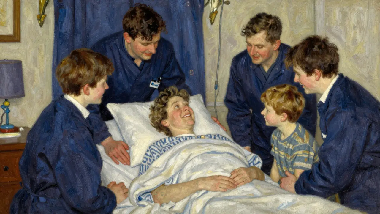 Family gathered around patient showing hope and survival.