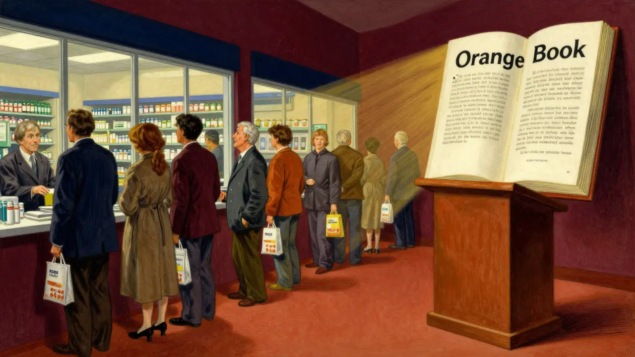 Patients queuing at pharmacy with opened reference book nearby