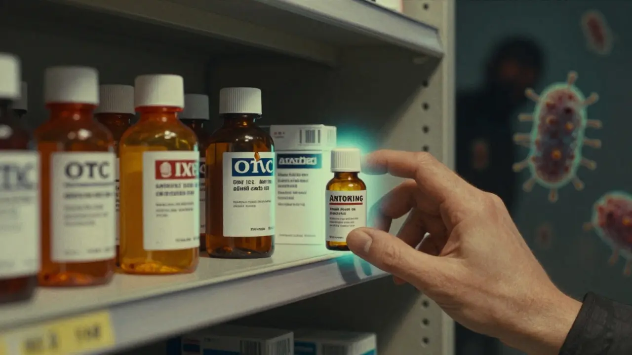 Pharmacy shelf with antacid bottles revealing hidden warnings, while antibiotics glow safely beside them.