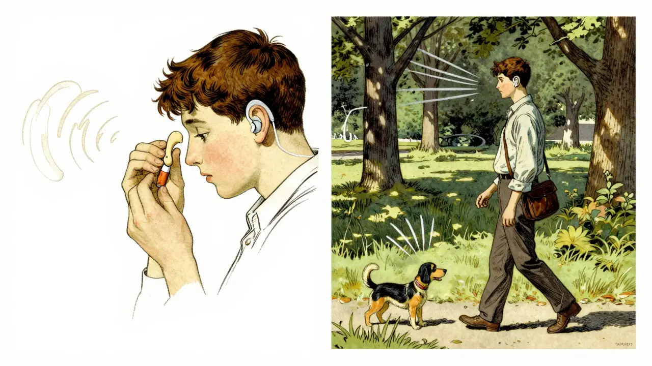 Side-by-side contrast: one person struggling with a CROS aid, another thriving with a bone-anchored device in a park.