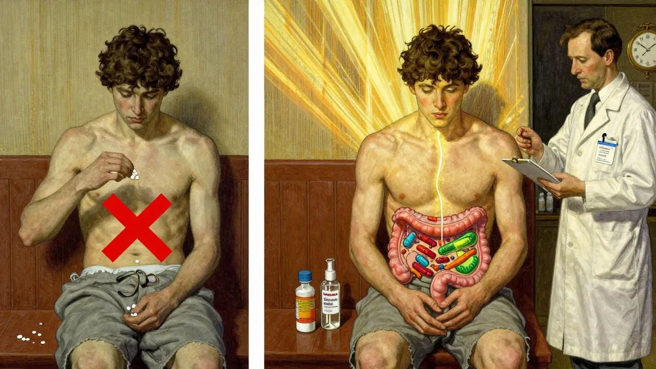 Split scene showing antibiotic failure vs. successful treatment when doses are properly timed, with a pharmacist observing.