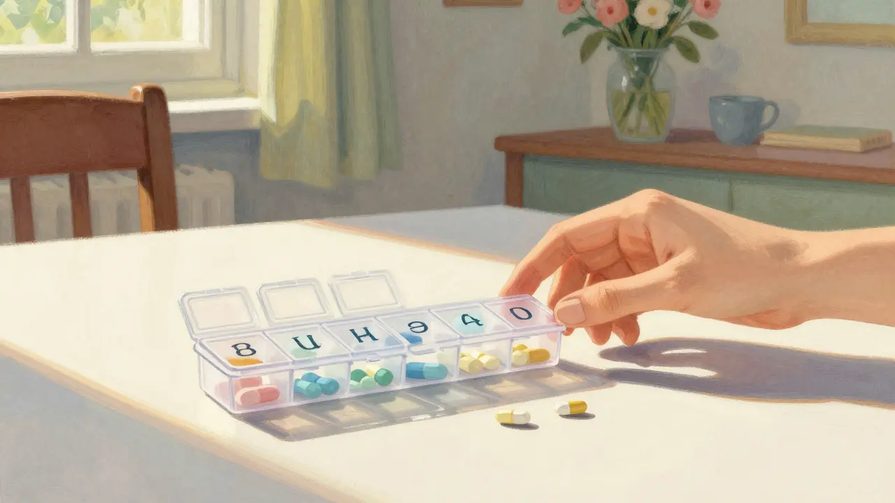Weekly pill organizer on a sunny table with a hand reaching for it