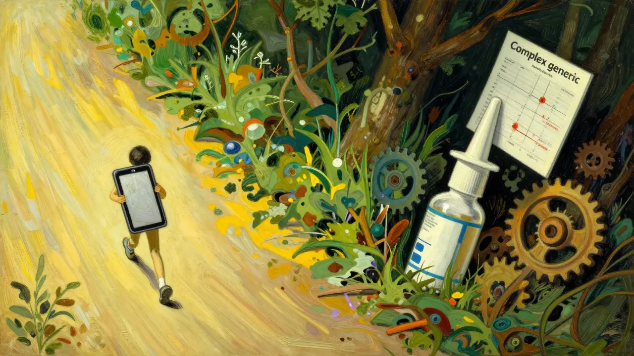 A comparison between a simple tablet on a clear path and a complex drug in a dense thicket.