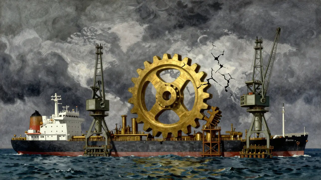 A conceptual industrial port with a broken giant gear symbolizing supply chain failure.