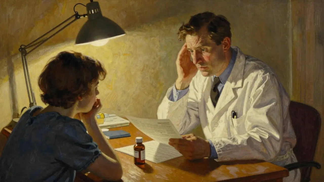 A doctor discussing alternative medication options with a patient in a dimly lit office.