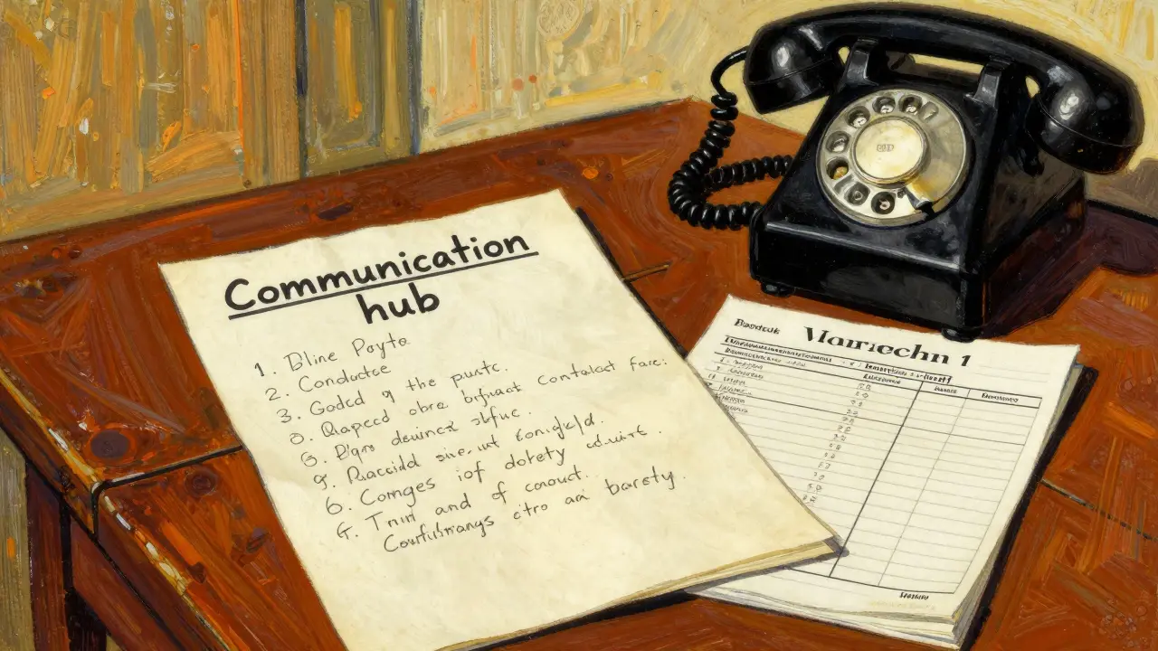 A handwritten list of emergency medical contacts and a history log next to a phone.