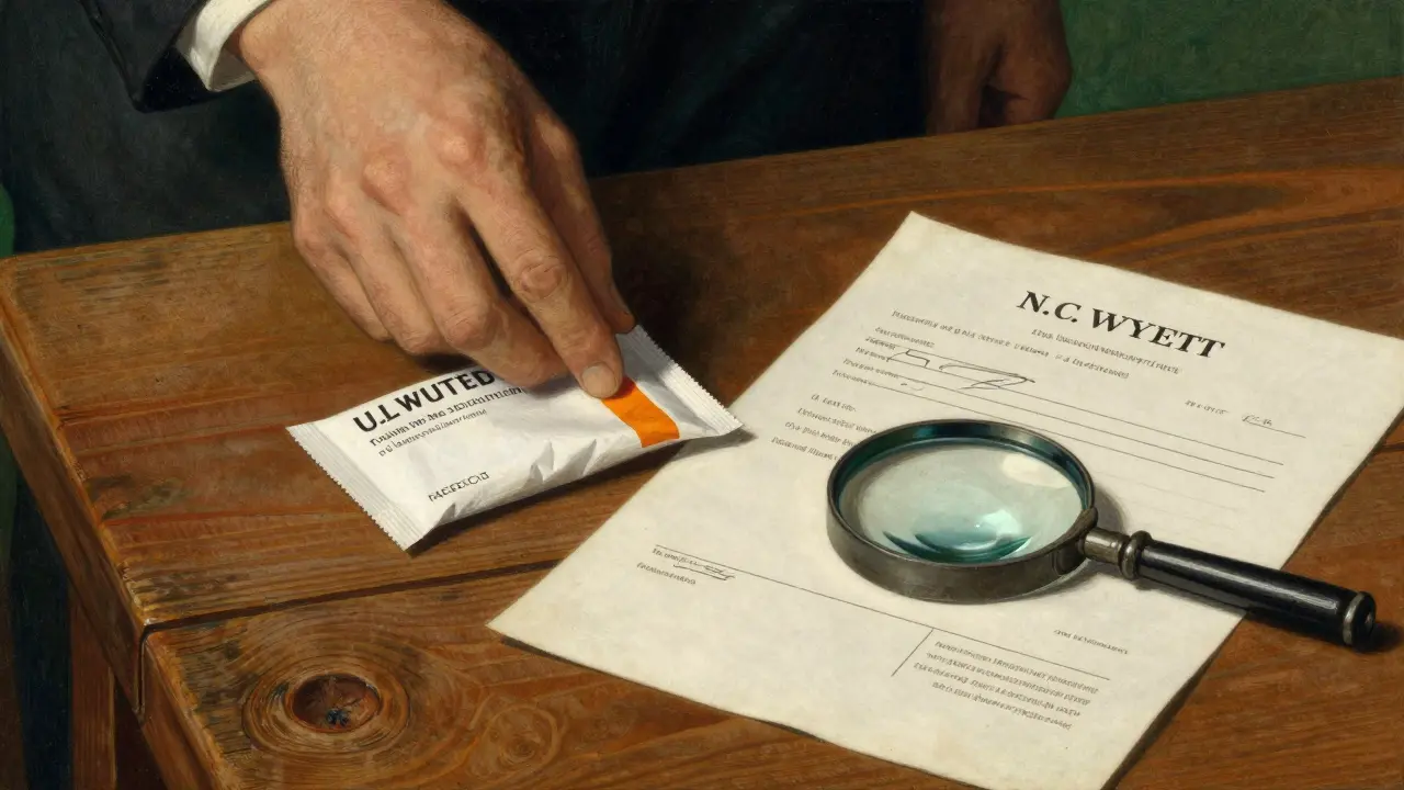 A licensed pharmacy package and prescription on a wooden table.