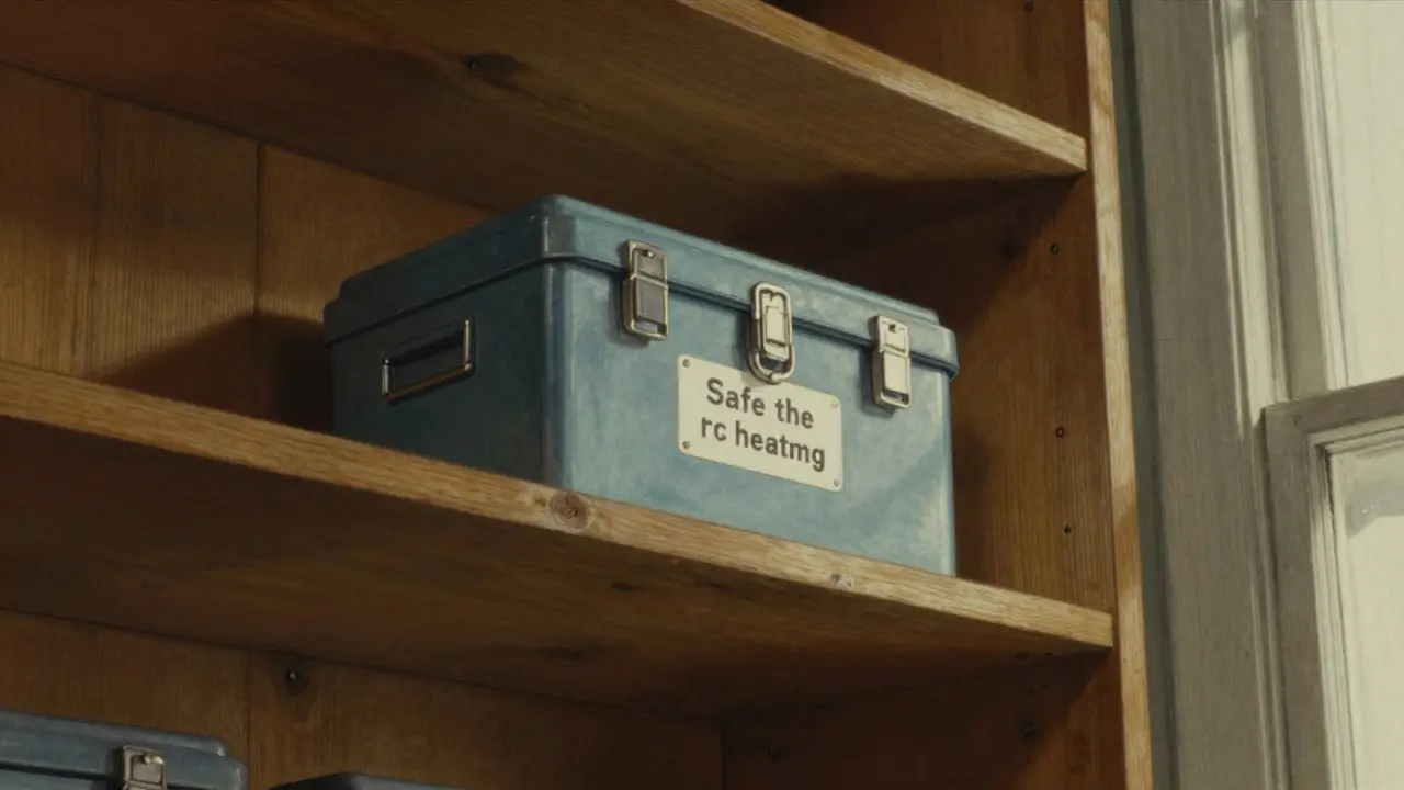 A locked medication kit stored safely on a high wooden shelf in a pantry.
