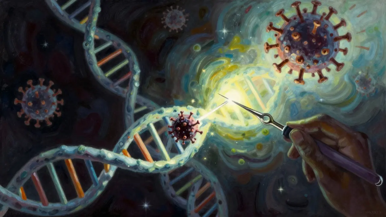A luminous tool editing a DNA strand to remove a viral segment in a hopeful, artistic scene.
