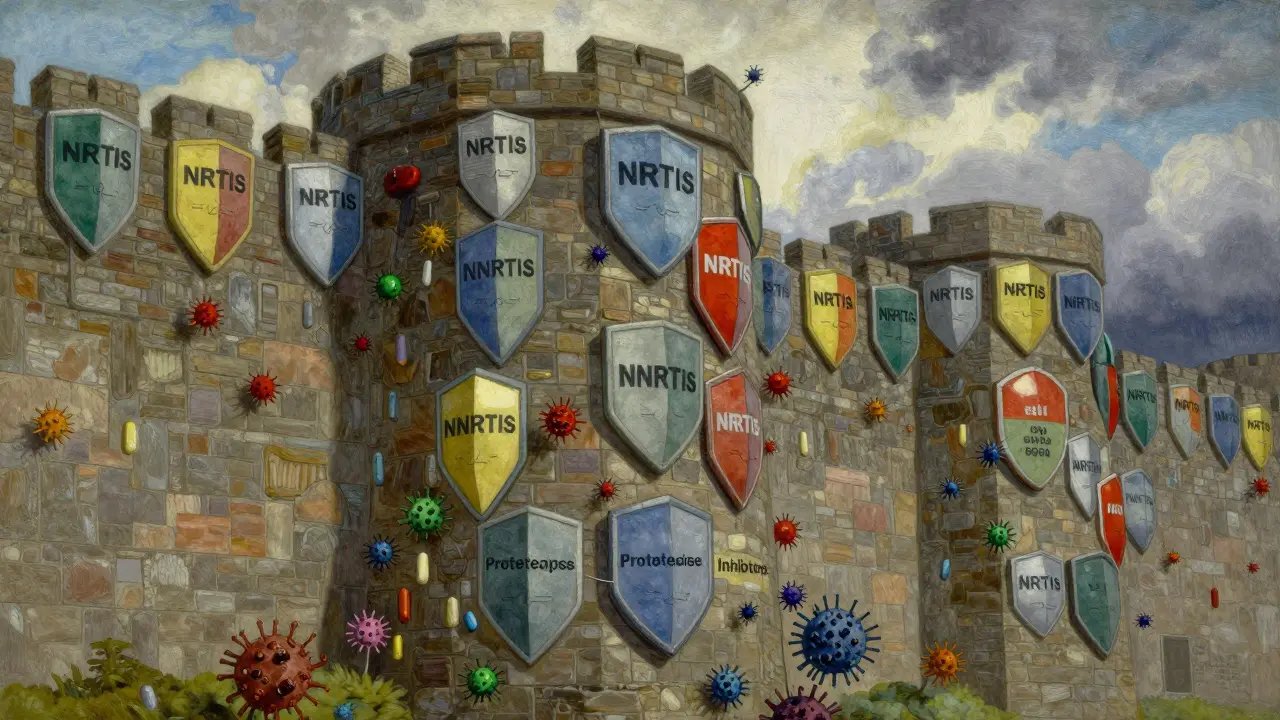 A massive fortress wall representing a genetic barrier protecting against viral attacks.