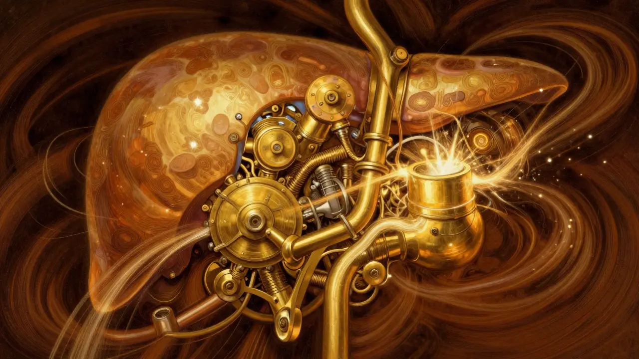Conceptual artistic rendering of a liver acting as a high-speed golden engine