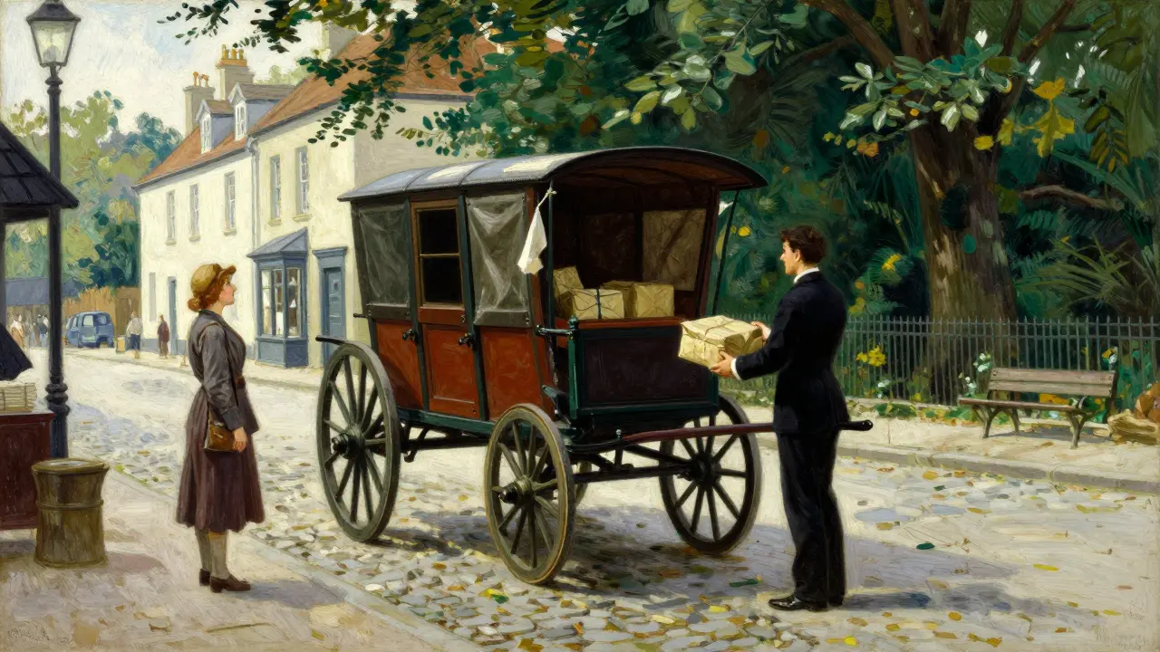 Courier delivering a medical parcel from a carriage on a cobblestone street