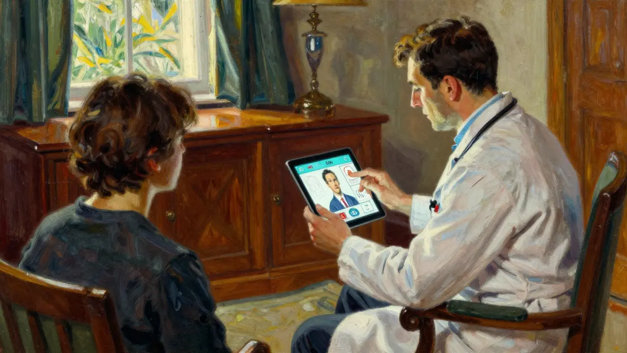 Doctor providing a medical consultation via a digital tablet.