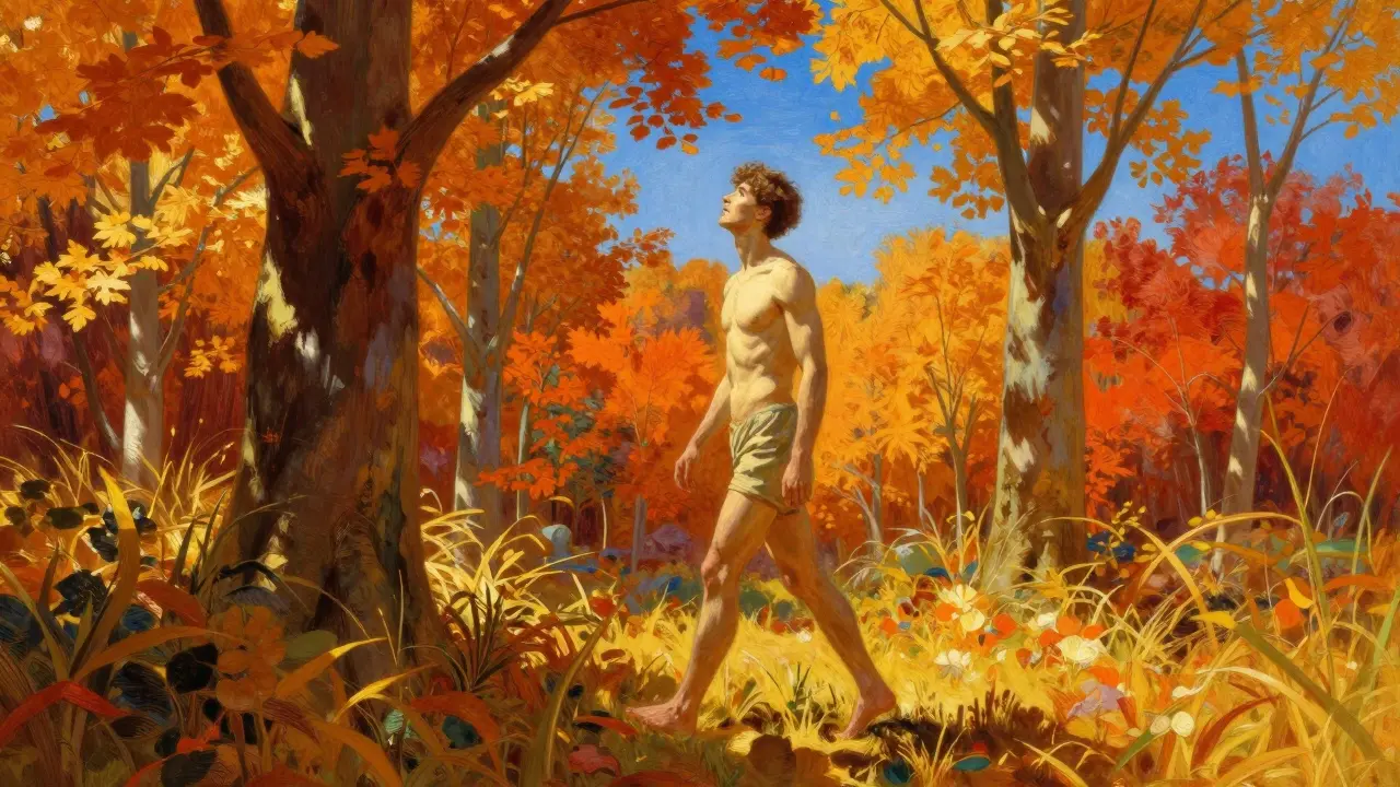 Healthy person walking through a vibrant autumn landscape