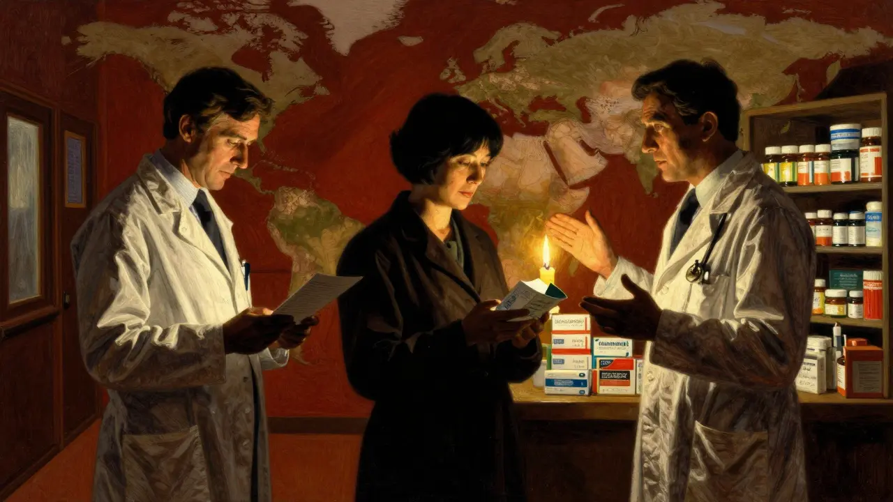 Three healthcare workers from different regions reviewing medications